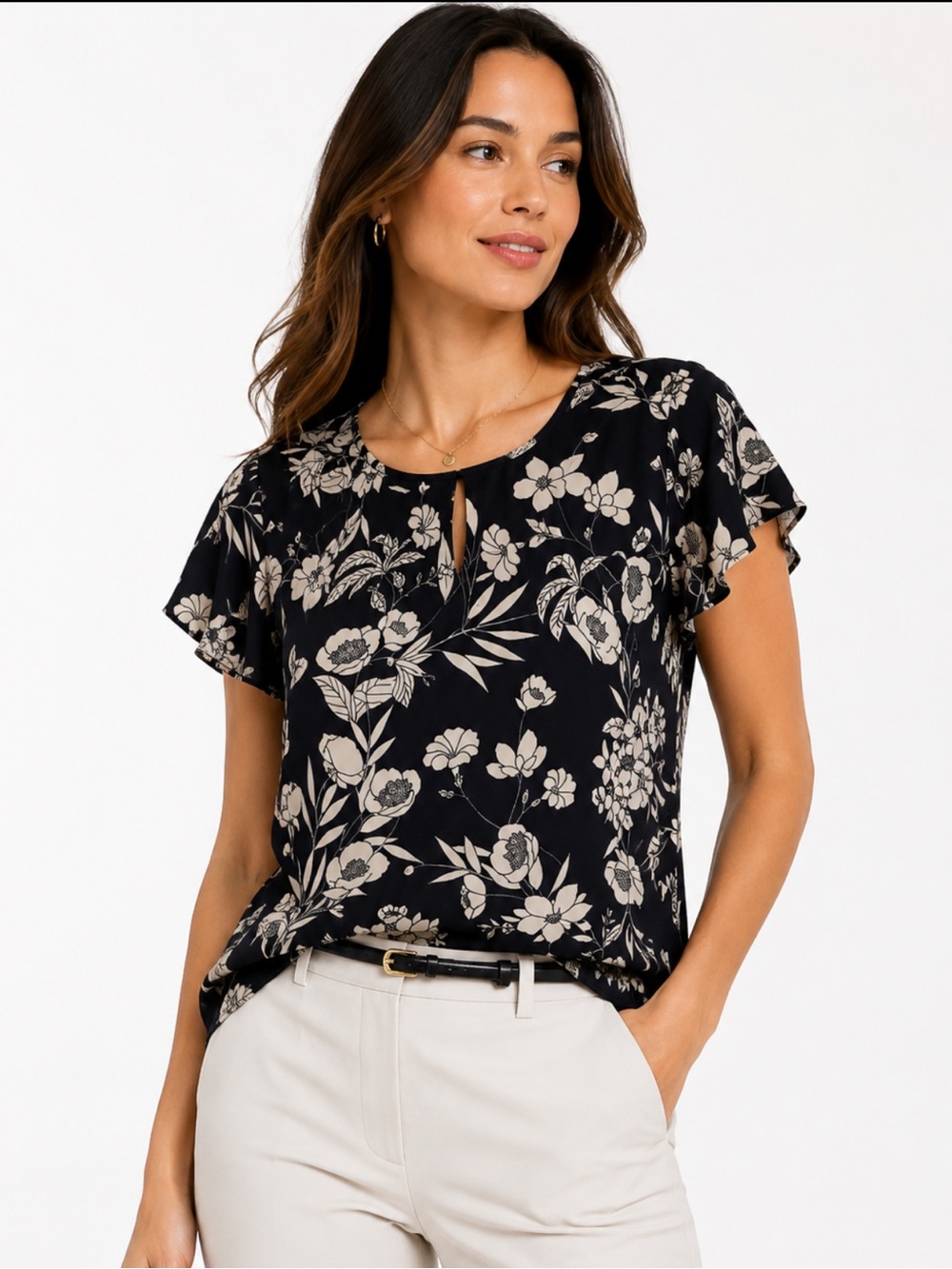 Ann Taylor Petite Navy Ivory Floral Flutter Sleeve Blouse MP
